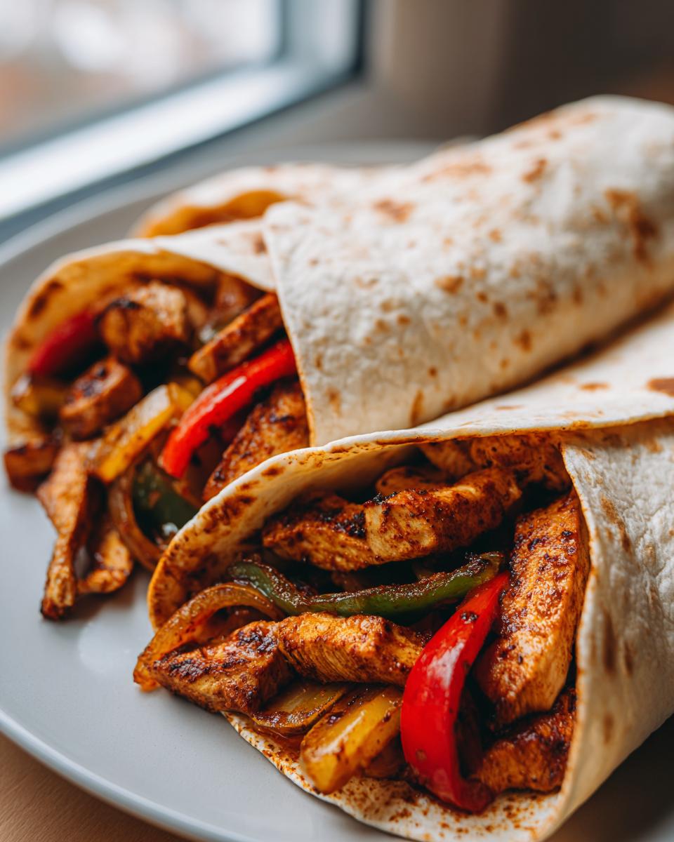 Two delicious air fryer chicken fajitas filled with seasoned chicken, bell peppers, and onions.