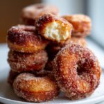 A stack of freshly made air fryer donuts coated in cinnamon sugar, with one donut broken open to show its fluffy interior.