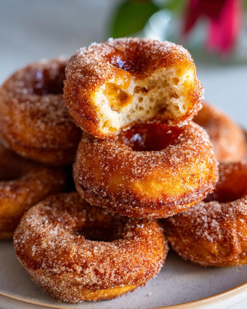 A close-up of a stack of golden brown air fryer donuts coated in cinnamon sugar. One donut is bitten, revealing a fluffy interior.