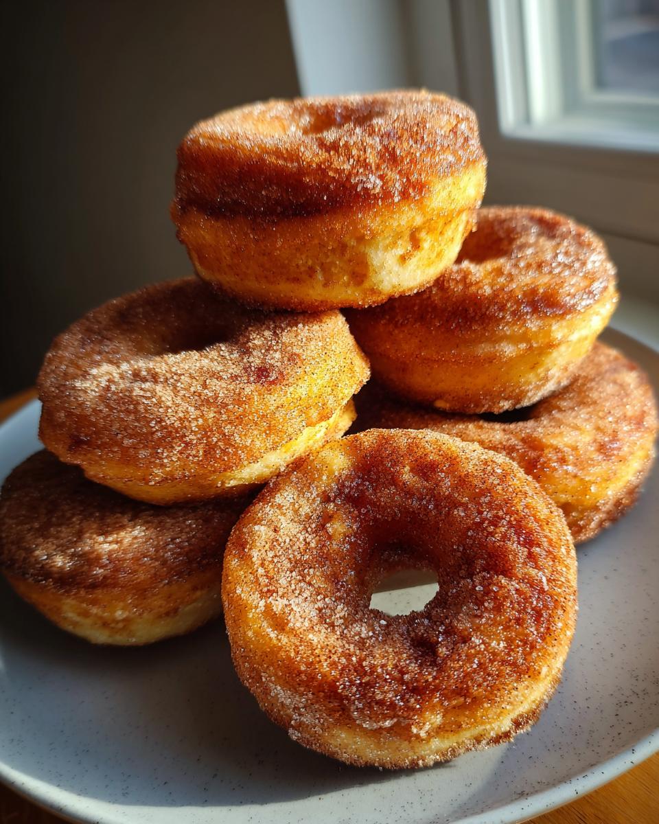 A stack of golden brown air fryer donuts coated in cinnamon sugar, ready to be enjoyed.