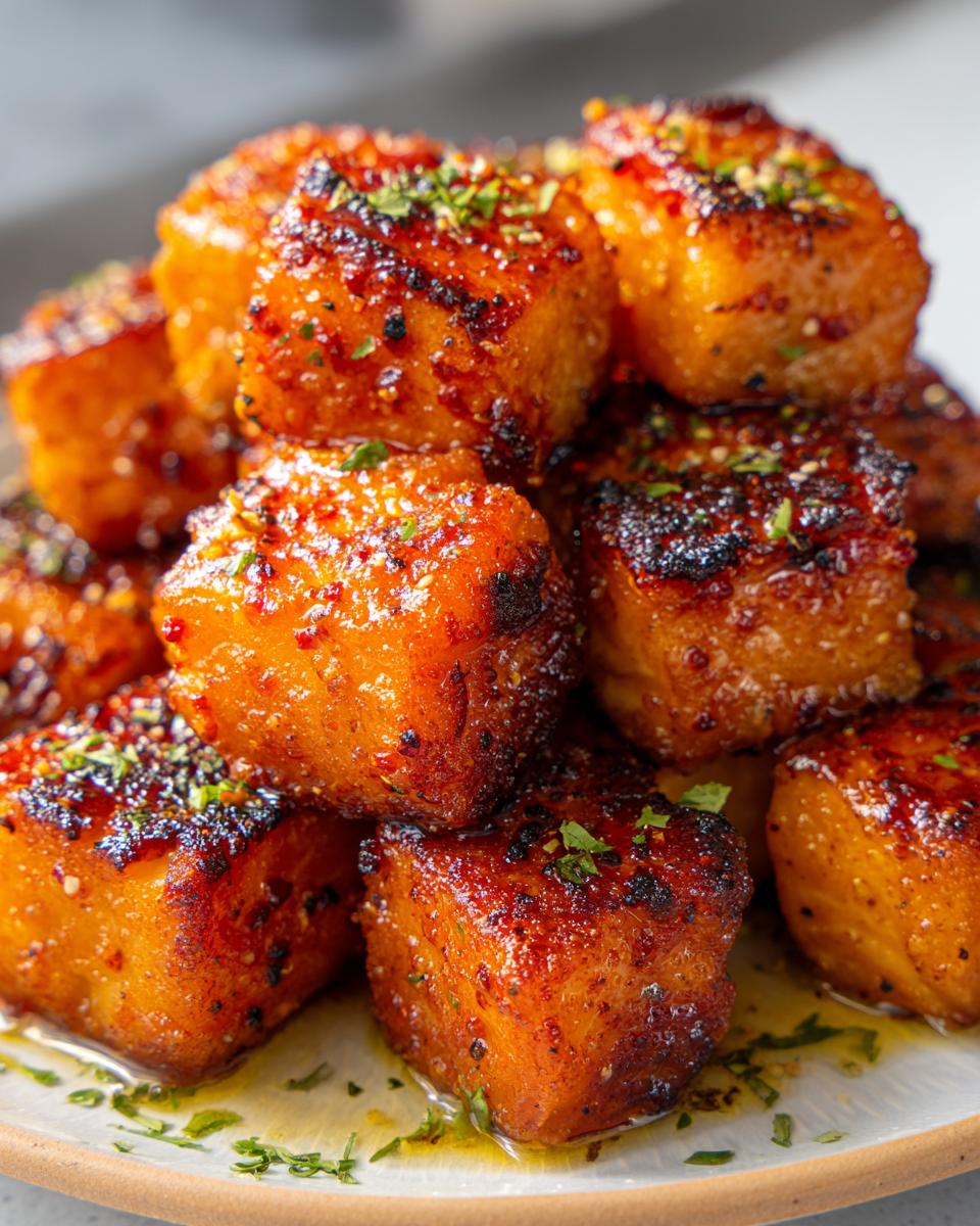 Close-up of crispy air fryer salmon bites, glazed and sprinkled with herbs, stacked on a plate.