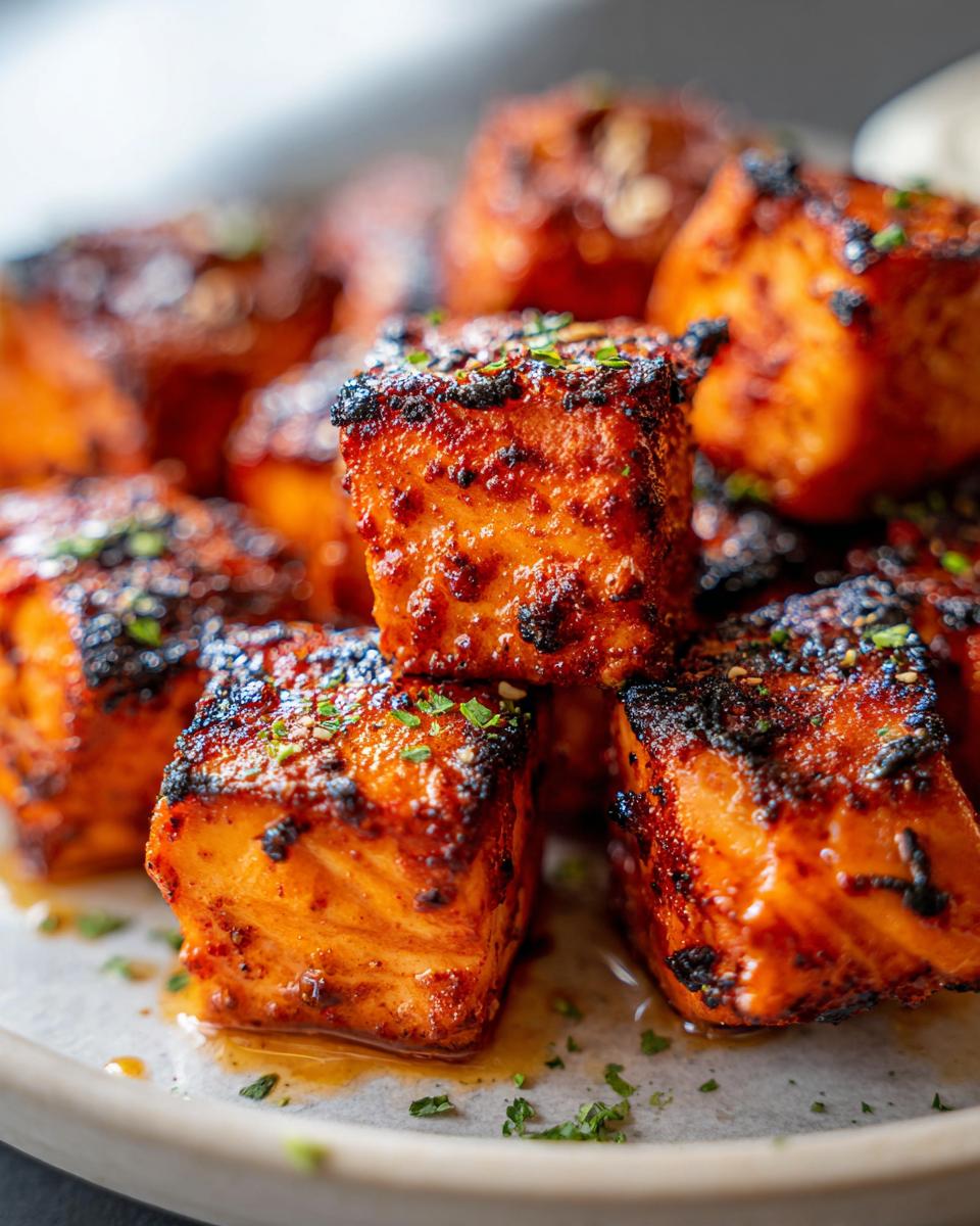 Close-up of perfectly cooked air fryer salmon bites, seasoned and slightly charred, garnished with fresh herbs.