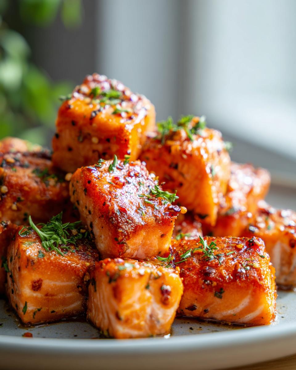 A close-up of golden-brown air fryer salmon bites, seasoned and garnished with fresh herbs.