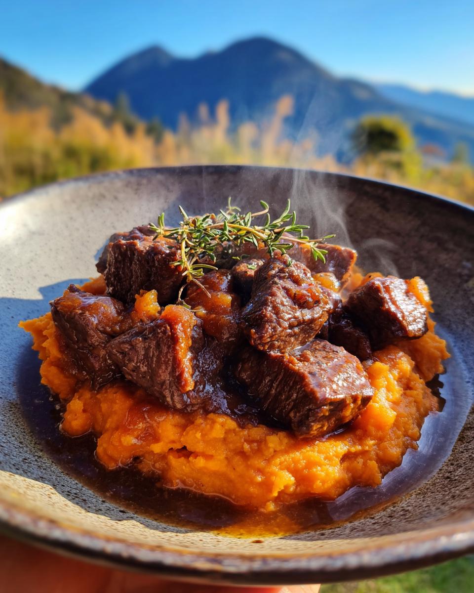 A steaming bowl of Apple Cider Beef served over mashed sweet potatoes, garnished with herbs, with mountains in the background.