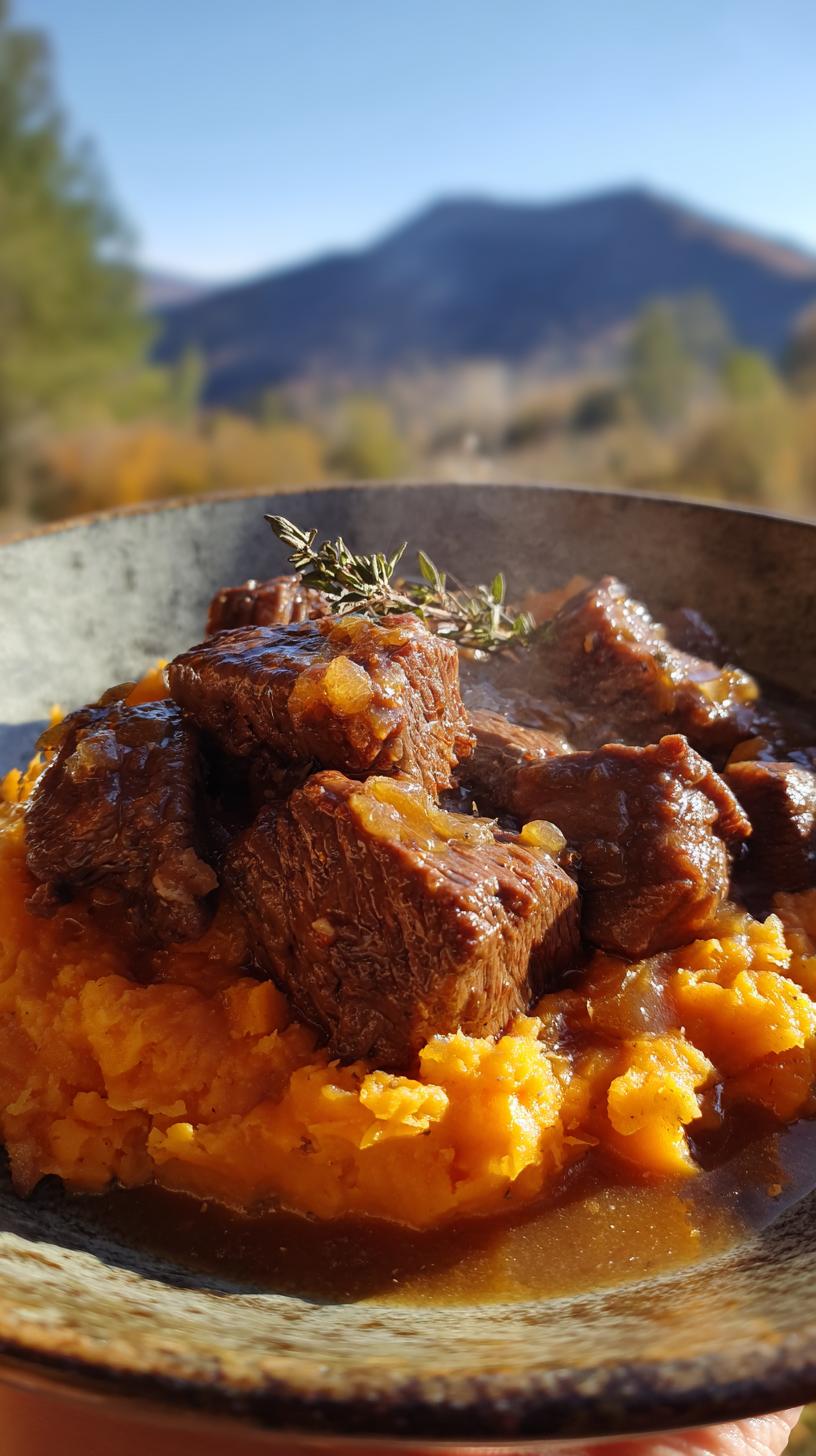 A steaming bowl of tender Apple Cider Beef served over creamy mashed sweet potatoes, garnished with fresh herbs.