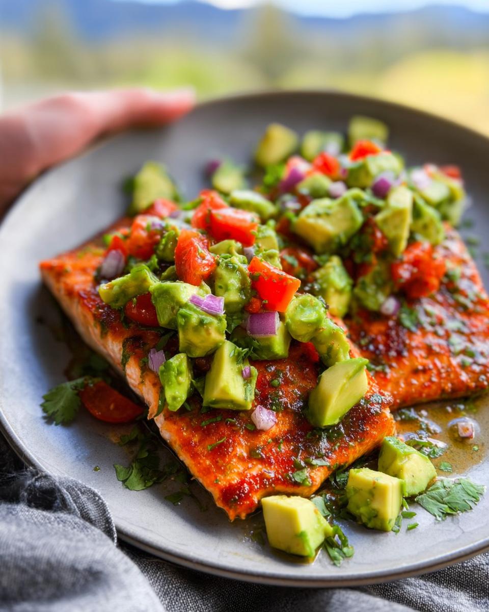 Close-up of two fillets of Baked Cilantro Lime Salmon topped with fresh Avocado Salsa.