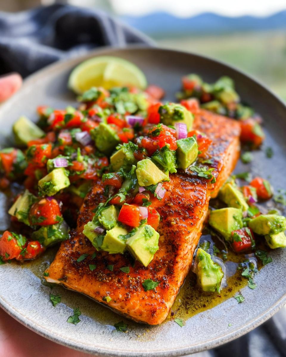 A close-up of Baked Cilantro Lime Salmon topped with fresh Avocado Salsa, served on a plate with a lime wedge.
