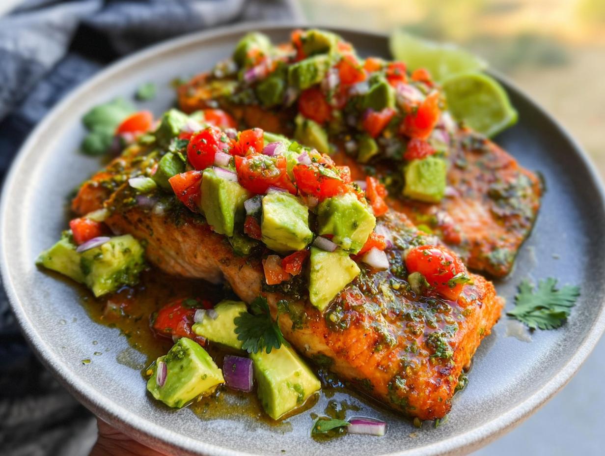 Two fillets of Baked Cilantro Lime Salmon topped with a vibrant Fresh Avocado Salsa, served on a grey plate with lime wedges.