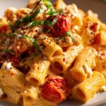 Close-up of creamy baked feta pasta with roasted cherry tomatoes and fresh basil leaves.