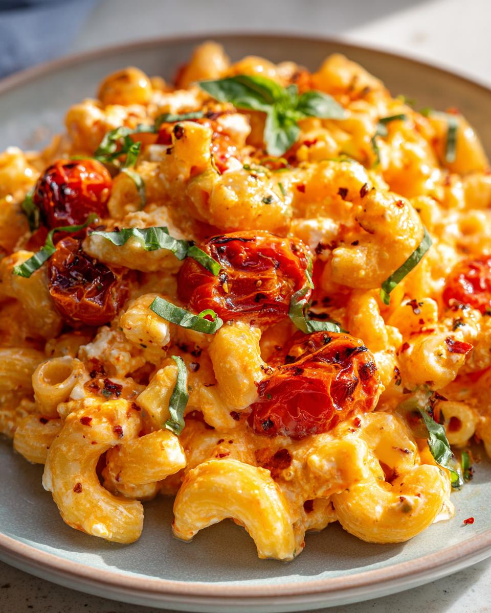 Close-up of creamy baked feta pasta dish with roasted cherry tomatoes and fresh basil.