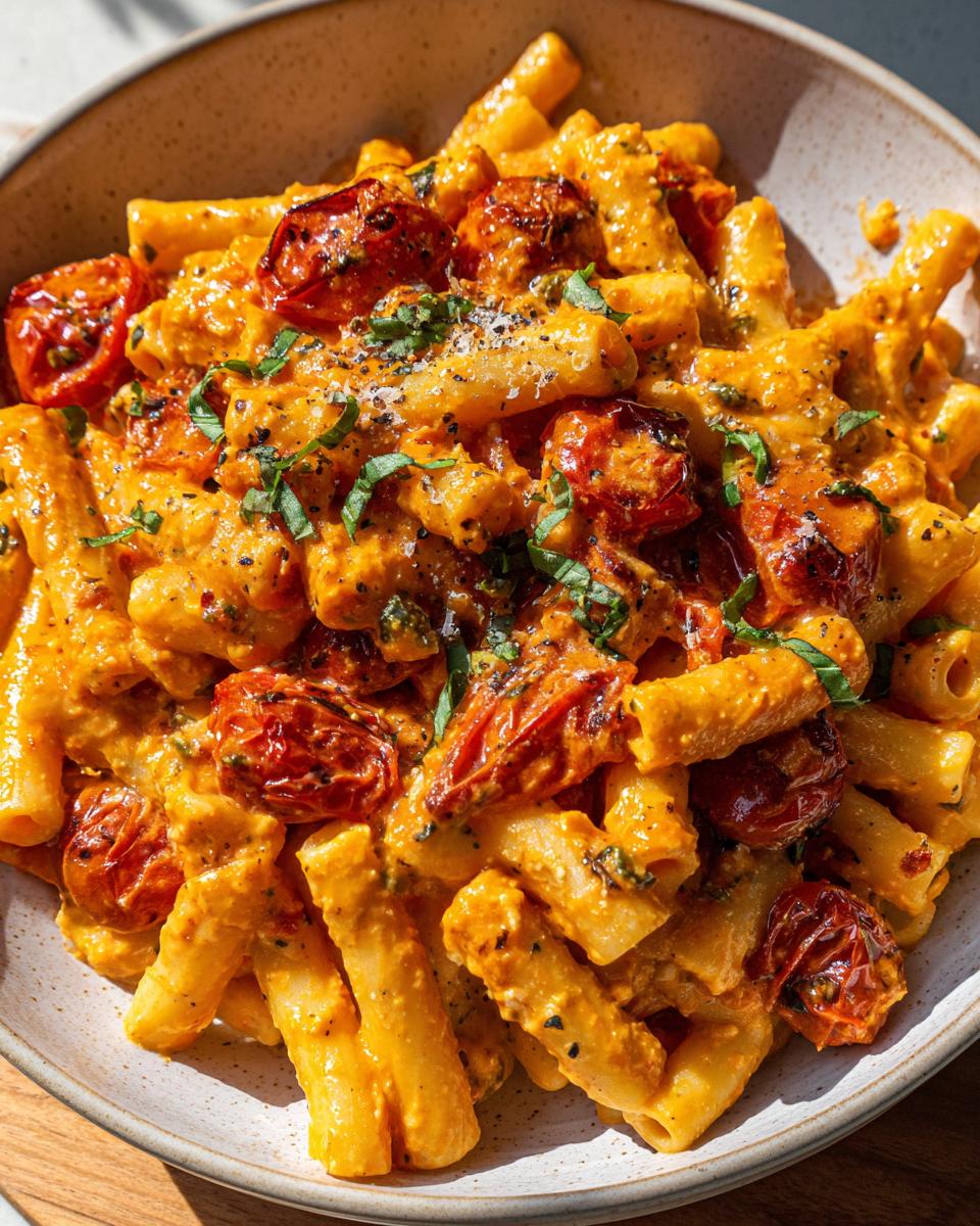 Close-up of a bowl of creamy baked feta pasta with roasted cherry tomatoes and fresh basil.