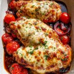 Close-up of Balsamic Chicken with Tomatoes and Melted Mozzarella, baked in a dish with roasted cherry tomatoes and red onion.