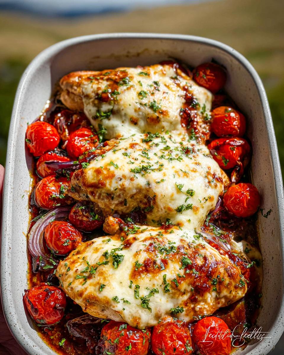 Balsamic Chicken with Tomatoes and Melted Mozzarella in a baking dish, topped with melted cheese and parsley.