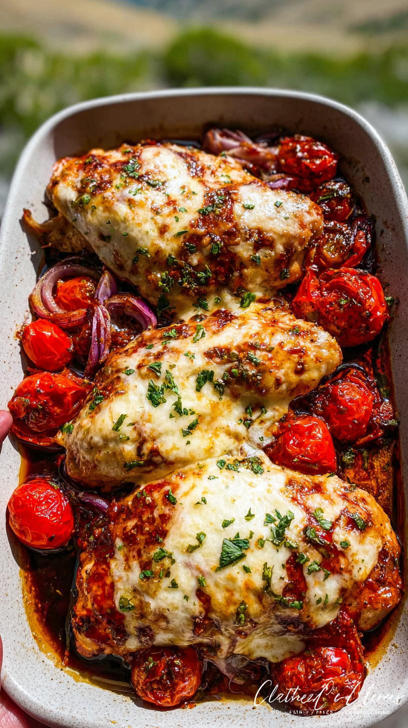 Three pieces of Balsamic Chicken with Tomatoes and Melted Mozzarella baked in a dish, topped with fresh parsley.