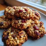 A close-up of several golden-brown banana oat breakfast cookies topped with dried cranberries and oats.