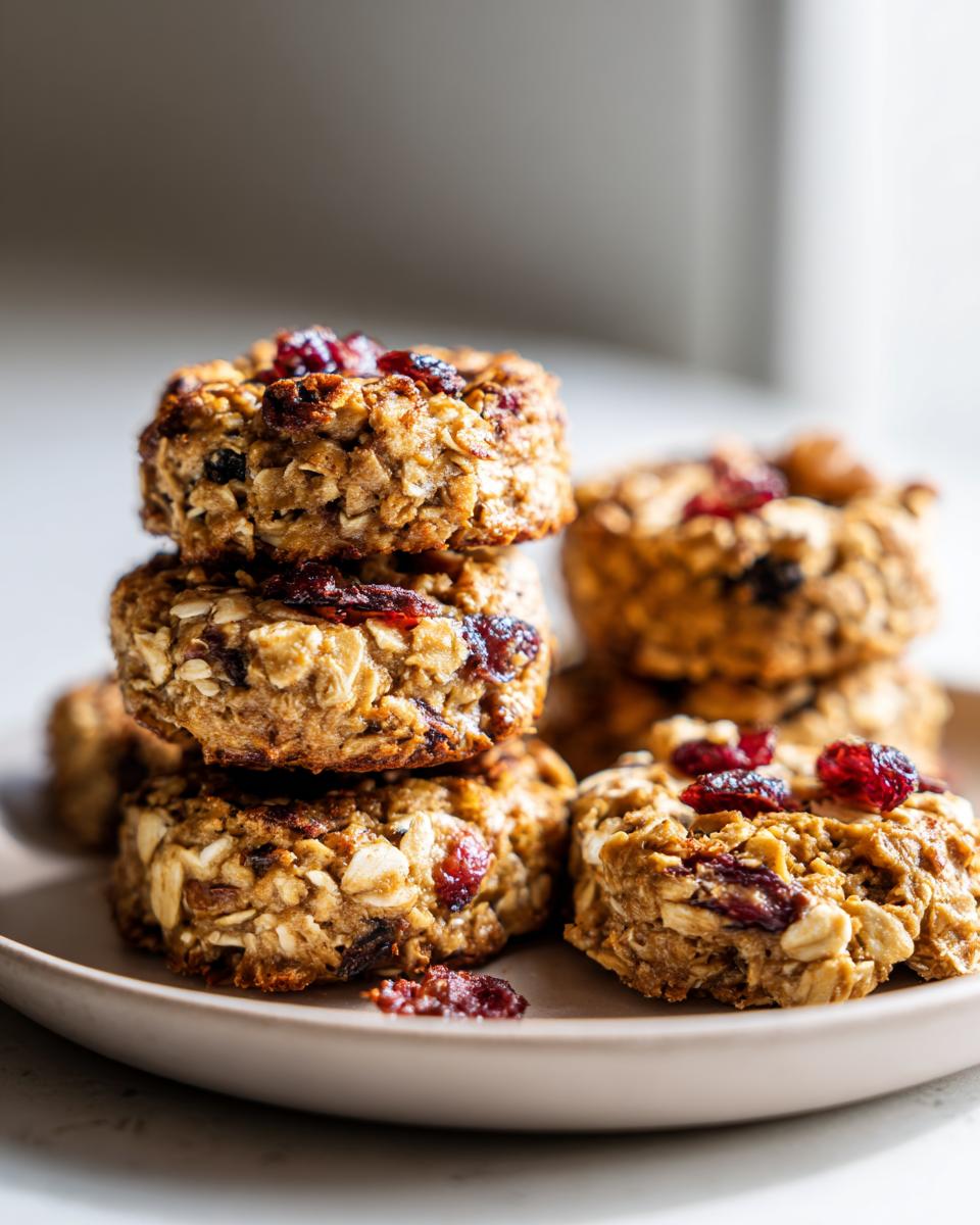 A stack of delicious banana oat breakfast cookies topped with dried cranberries on a plate.