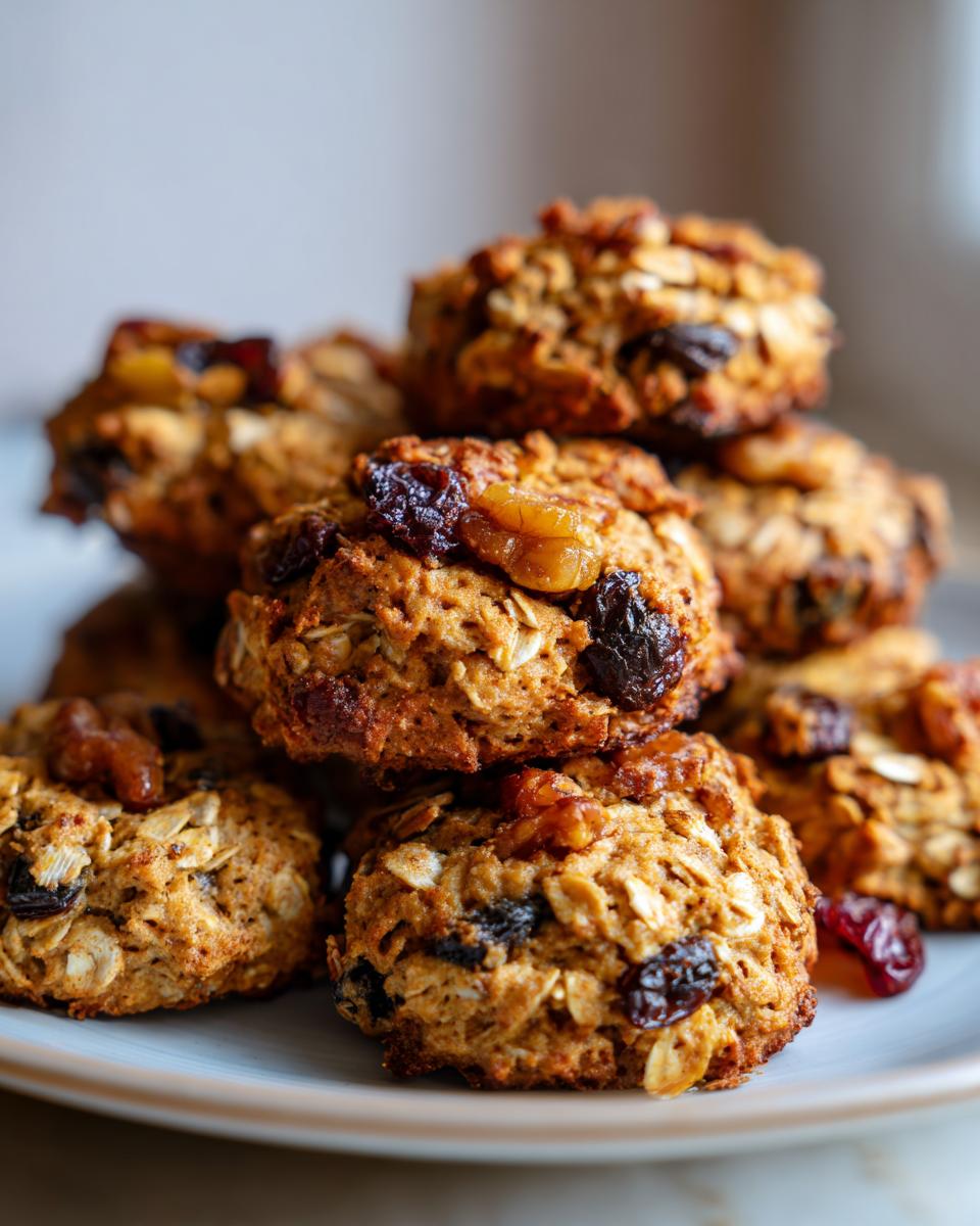 A close-up stack of golden brown banana oat breakfast cookies with visible raisins and oats.