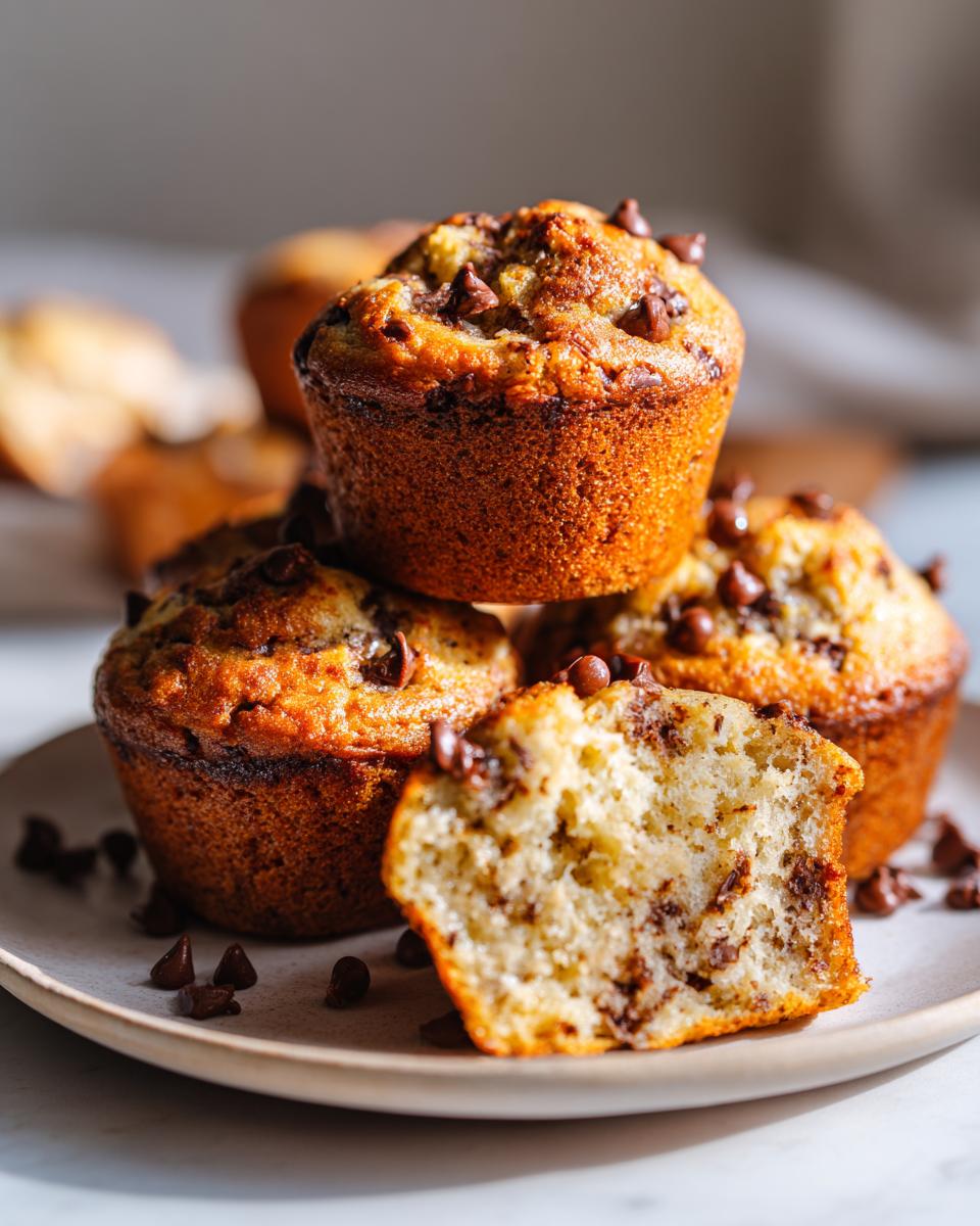 A stack of golden-brown banana protein muffins studded with chocolate chips, one muffin cut in half to reveal the moist interior.