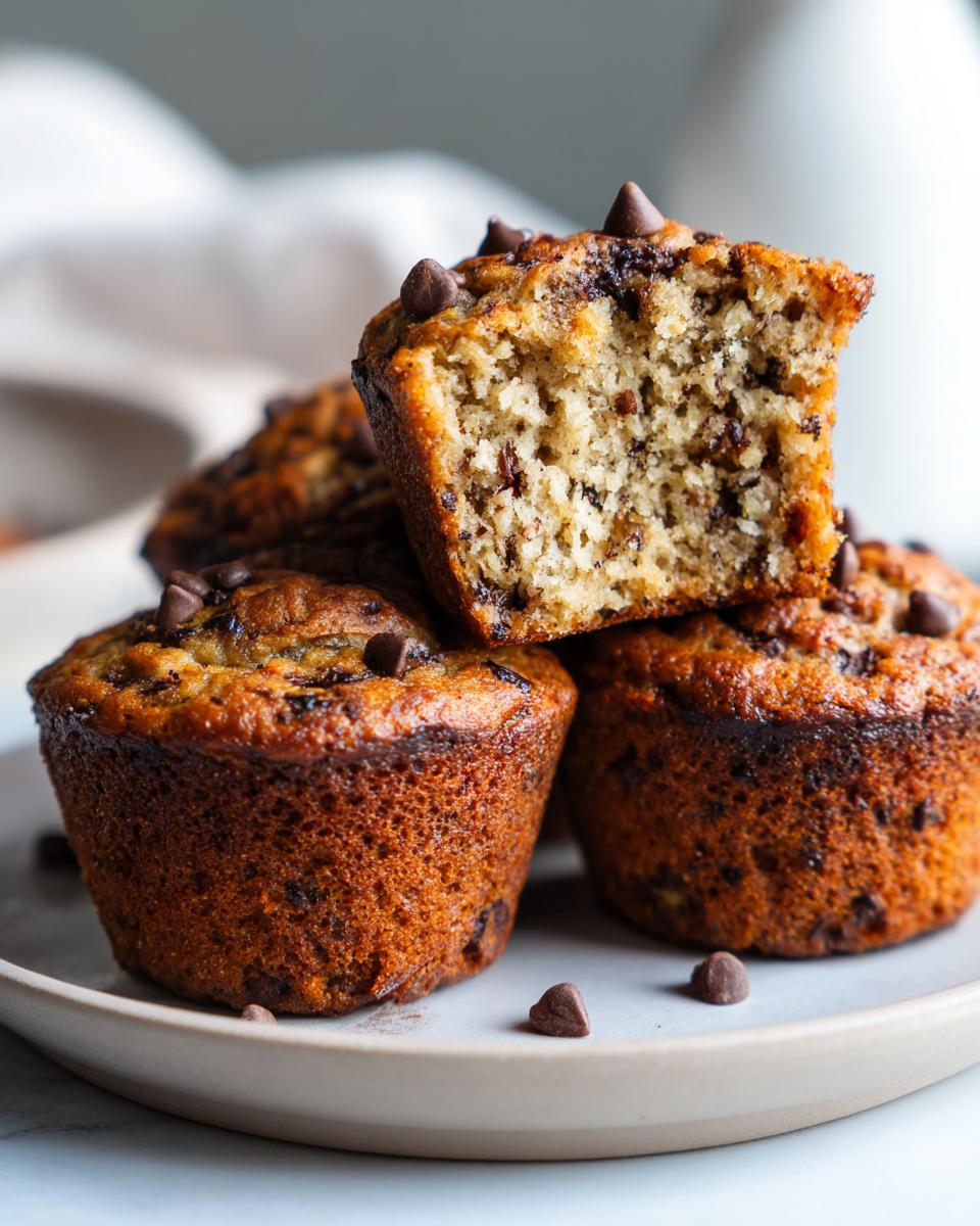 A stack of moist banana protein muffins topped with chocolate chips, one muffin is cut in half to show the texture.