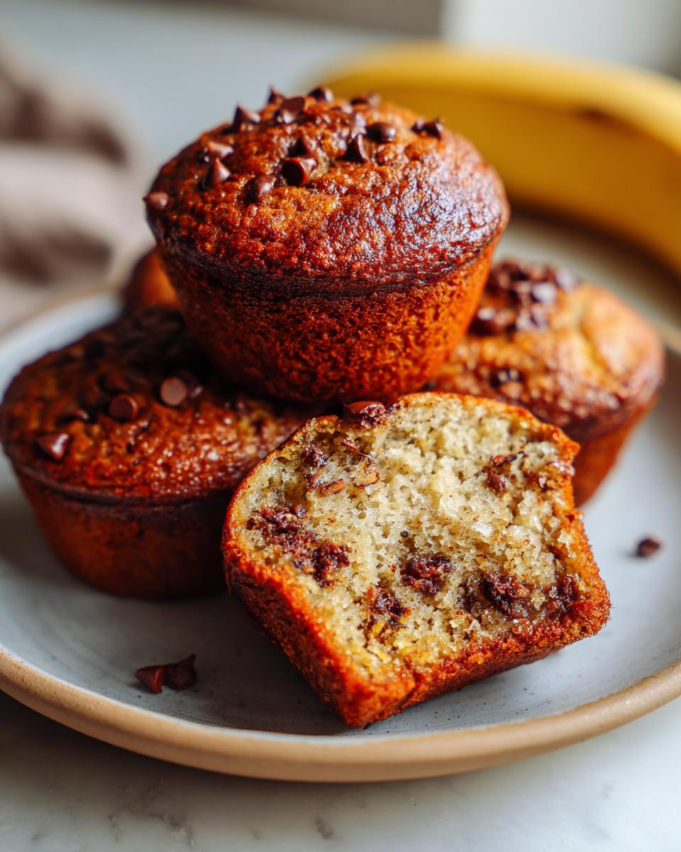Close-up of a banana protein muffin cut in half, revealing chocolate chips and a moist crumb. More muffins and a banana are in the background.