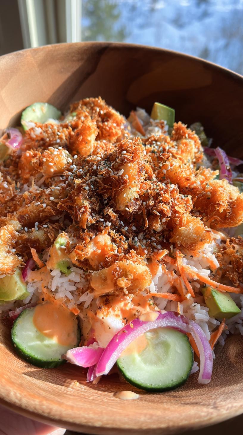 A close-up of a delicious bang bang chicken crispy rice salad in a wooden bowl, topped with sesame seeds.
