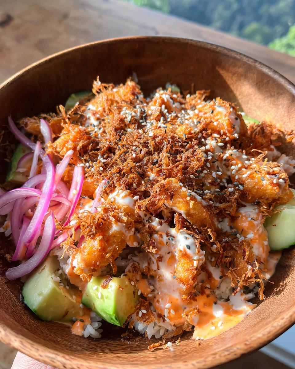 A close-up of a bang bang chicken crispy rice salad in a wooden bowl, featuring crispy chicken, avocado, red onion, and creamy sauce.