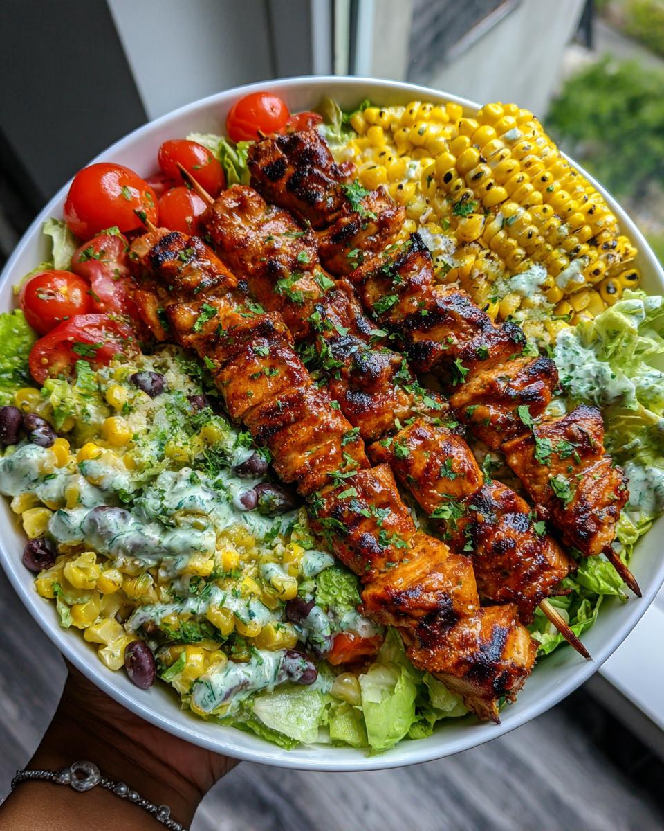 A vibrant BBQ chicken skewer salad with grilled chicken, corn, tomatoes, black beans, and lettuce, drizzled with creamy dressing.