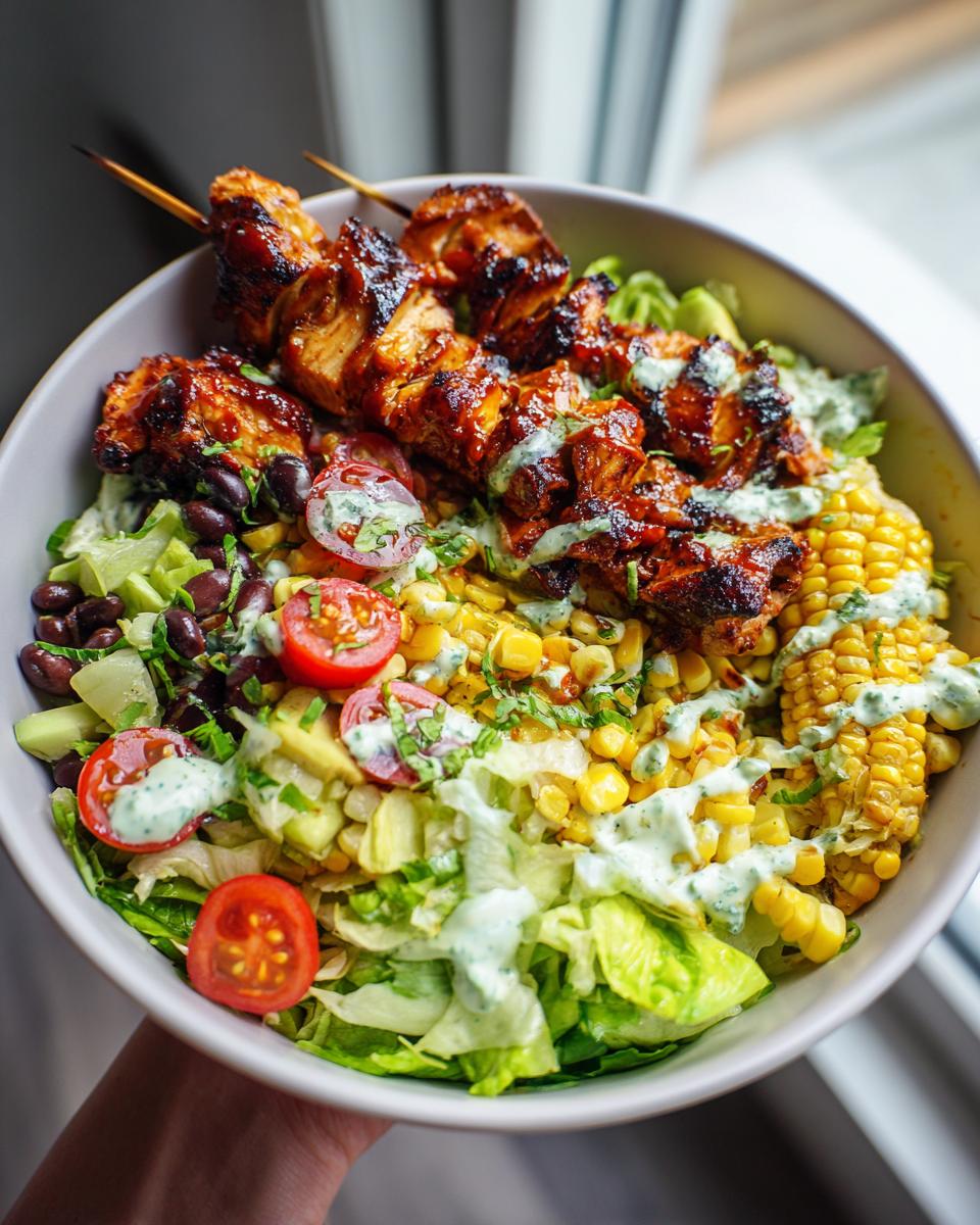 A vibrant bowl of bbq chicken skewer salad with grilled corn, black beans, tomatoes, and lettuce, drizzled with a creamy dressing.