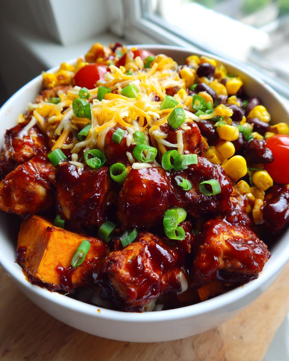 Close-up of a bowl filled with BBQ chicken sweet potato bowls, topped with cheese, corn, beans, and green onions.