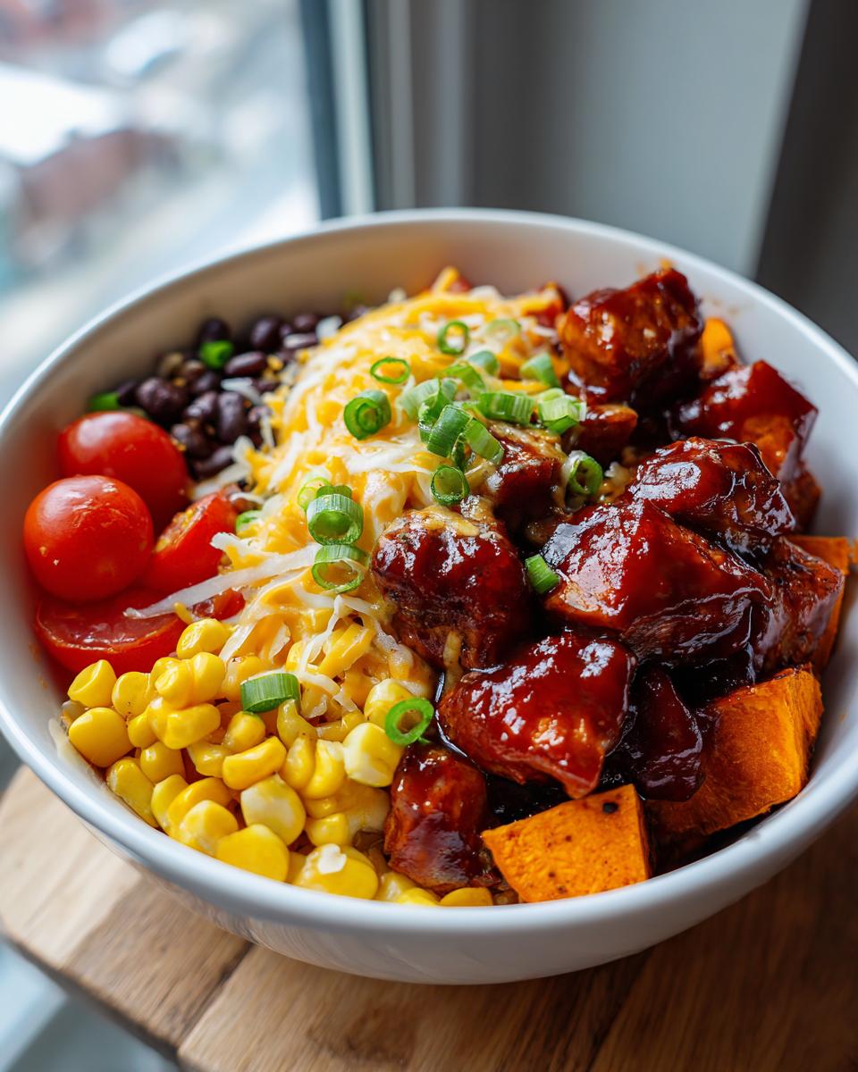 A close-up of BBQ chicken sweet potato bowls filled with black beans, corn, cherry tomatoes, shredded cheese, and green onions.
