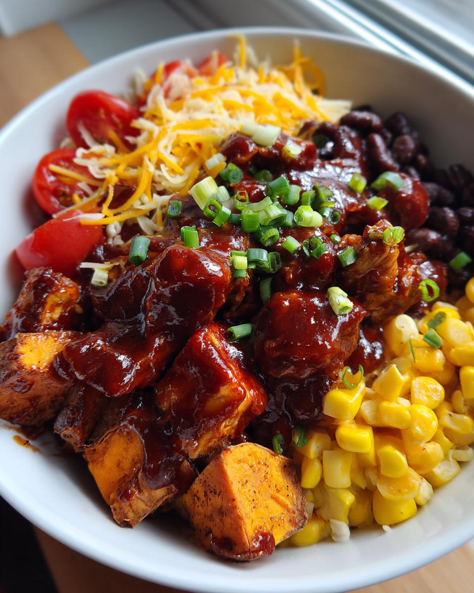 A close-up of a BBQ chicken sweet potato bowl with corn, black beans, tomatoes, and cheese.