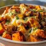 Close-up of BBQ Chicken Sweet Potato Skillet with melted cheese and parsley.