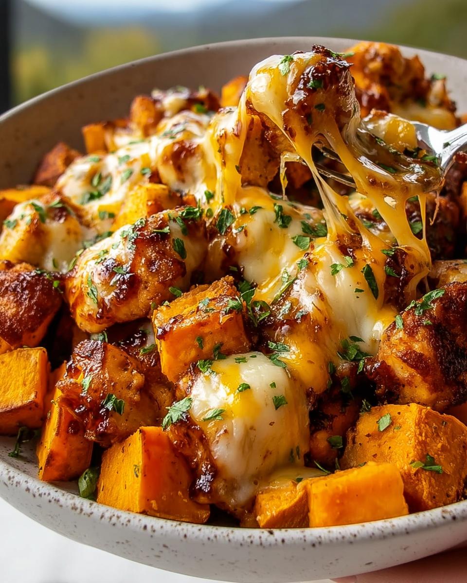 A fork lifting a piece of BBQ Chicken Sweet Potato Skillet, showing gooey melted cheese and chopped parsley.