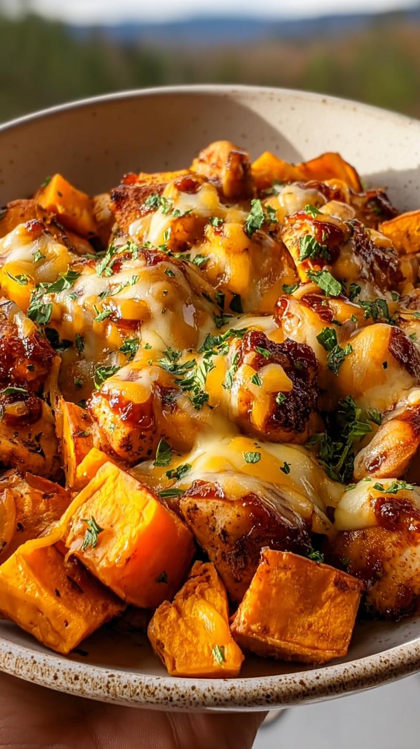 A close-up of a BBQ Chicken Sweet Potato Skillet, featuring tender chicken pieces and roasted sweet potato chunks topped with melted cheese and fresh parsley.