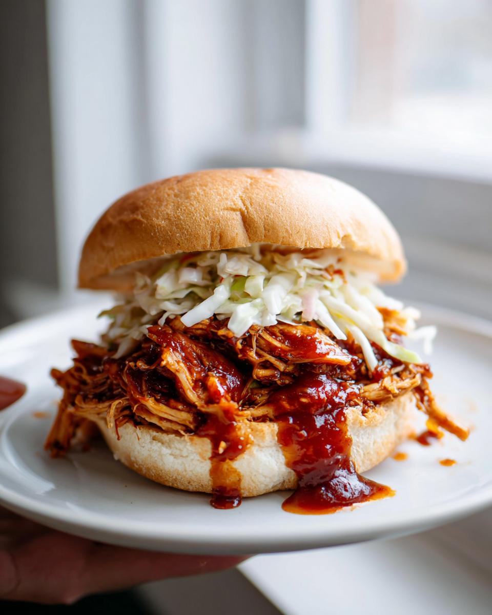 A close-up of a delicious bbq pulled chicken sandwich piled high with coleslaw and dripping with sauce.