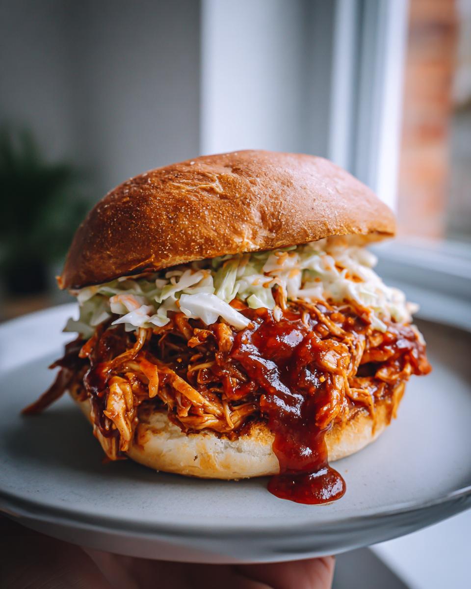 A close-up of a delicious BBQ pulled chicken sandwich with coleslaw on a bun.