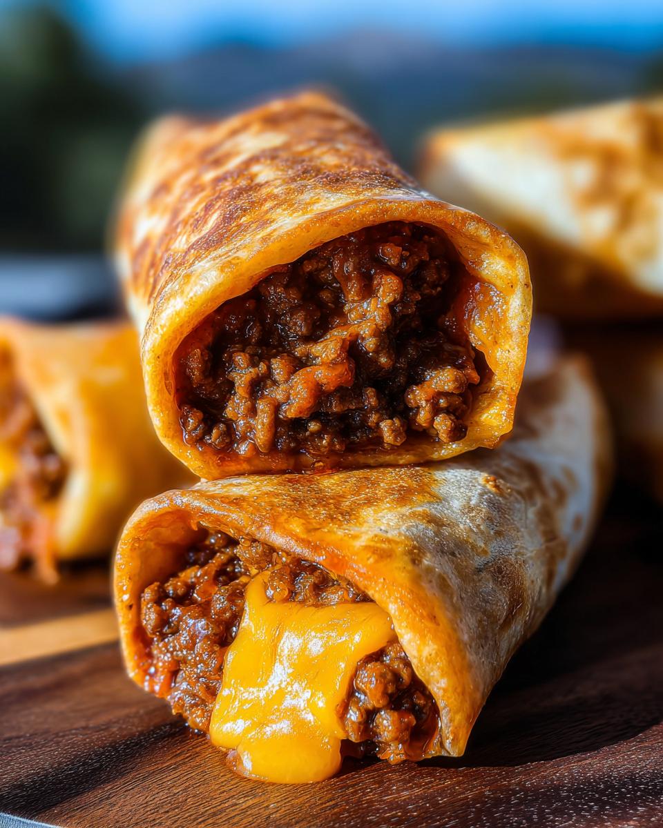 Close-up of two delicious Beef and Cheese Chimichangas, one stacked on top of the other, with melted cheese oozing out.