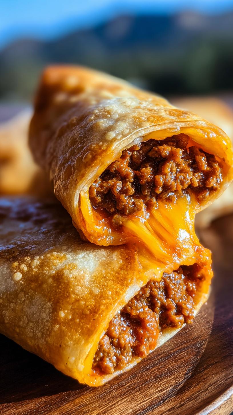 Close-up of two Beef and Cheese Chimichangas, one cut open to reveal gooey melted cheese and seasoned ground beef.