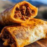 Close-up of two golden-brown Beef and Cheese Chimichangas, one cut in half showing the savory filling and melted cheese.