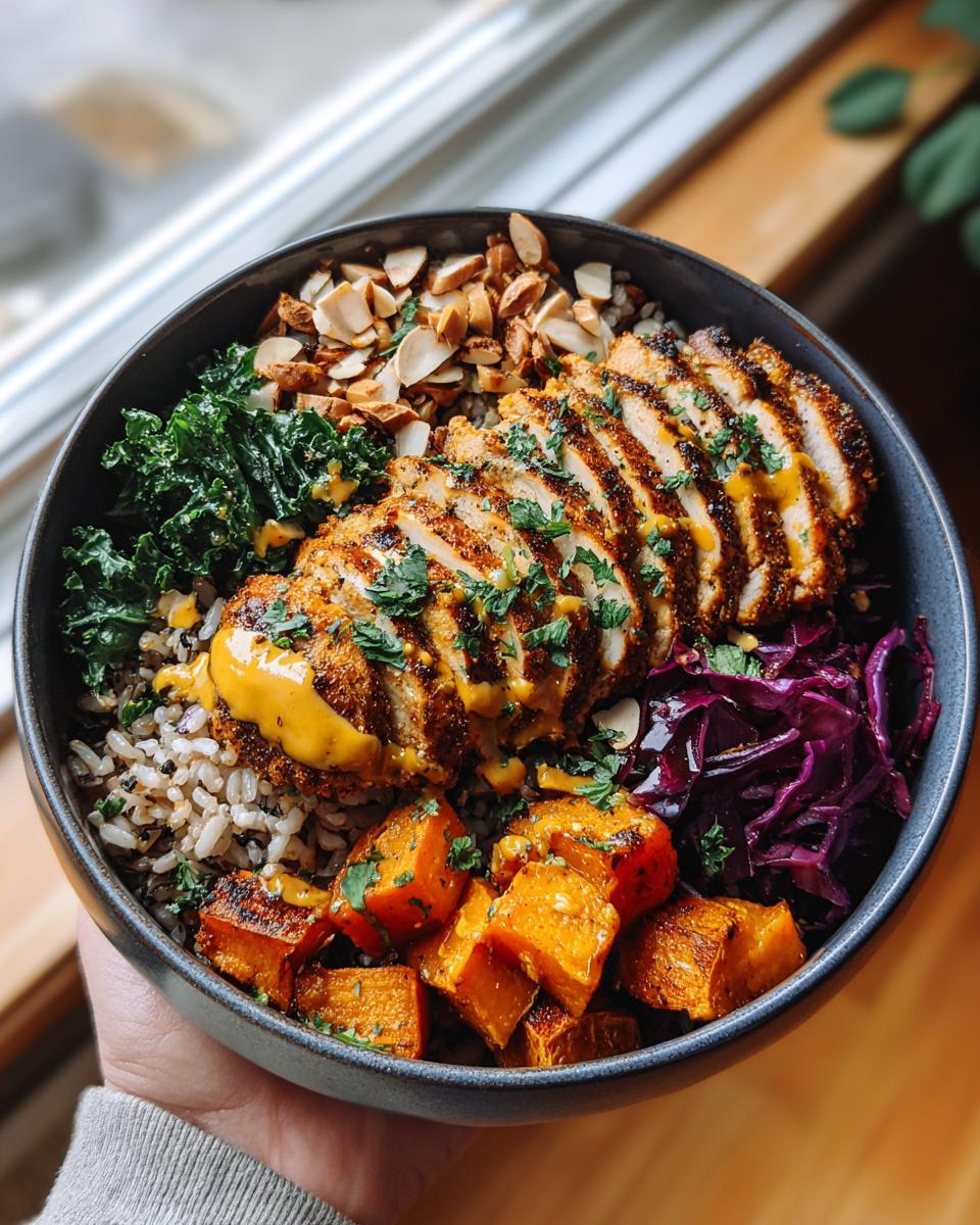 A delicious bowl of blackened chicken and sweet potato, with rice, kale, red cabbage, and almonds.