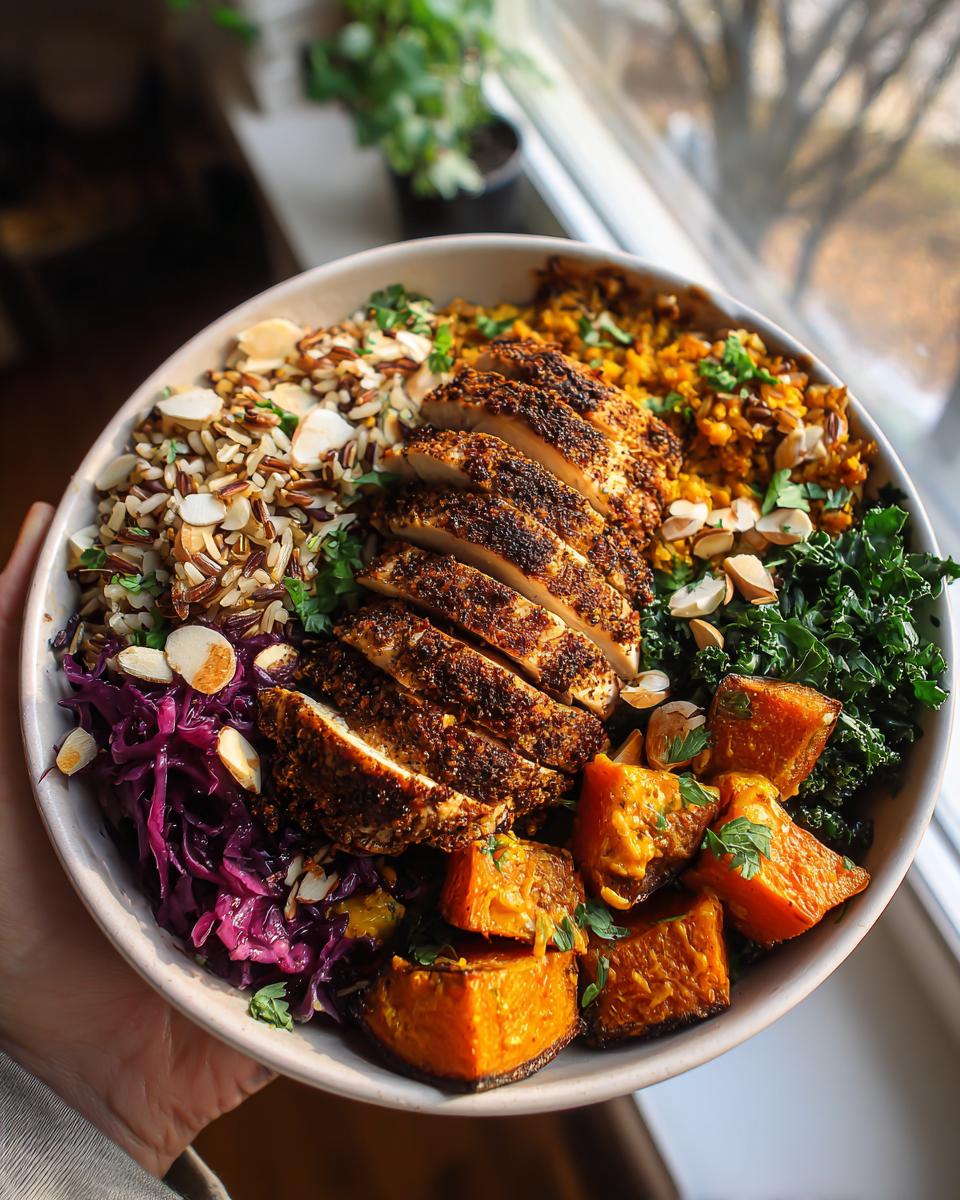 A vibrant bowl filled with blackened chicken, roasted sweet potatoes, wild rice, red cabbage, kale, and almonds.