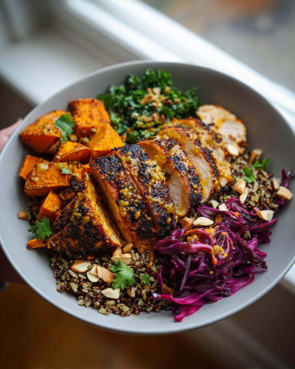 A close-up of blackened chicken and sweet potato bowls with quinoa, kale, and red cabbage.