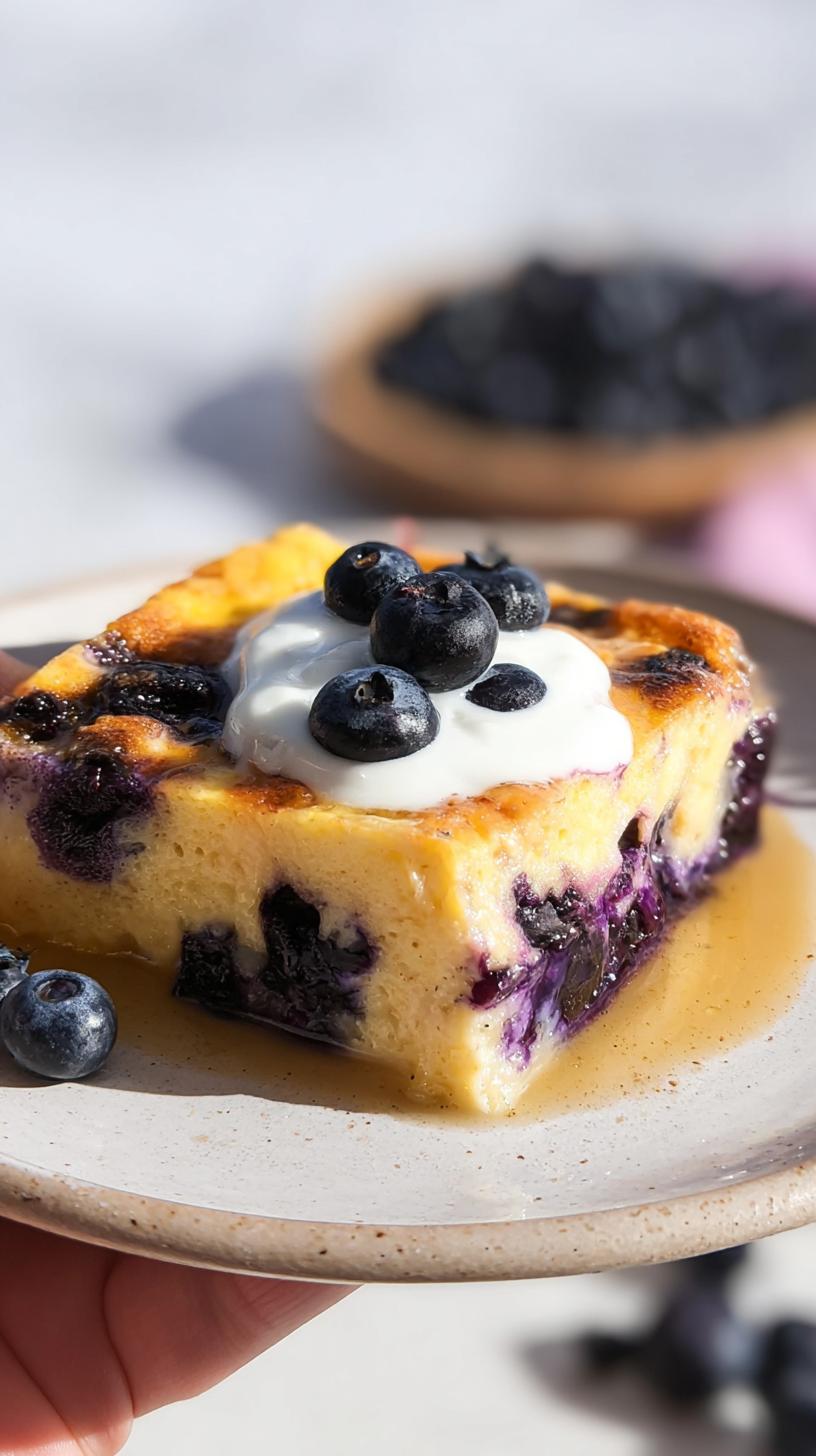 A slice of Blueberry Cottage Cheese Breakfast Bake topped with whipped cream and fresh blueberries, served on a plate with syrup.