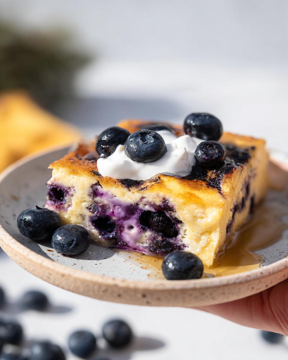 A slice of Blueberry Cottage Cheese Breakfast Bake topped with whipped cream and fresh blueberries, served on a plate with syrup.