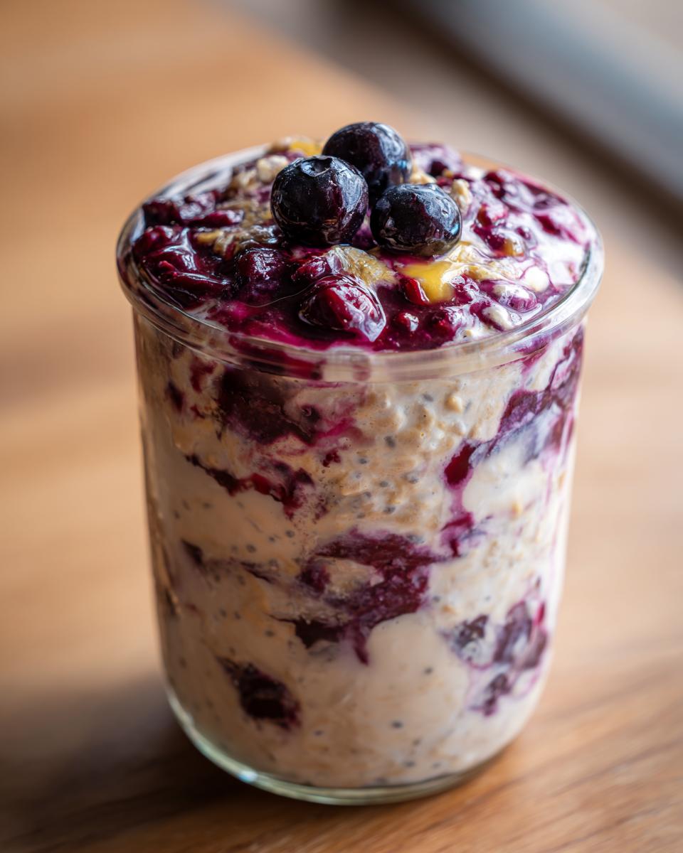 Close-up of blueberry lemon overnight oats in a glass jar, topped with fresh blueberries and a swirl of blueberry compote.