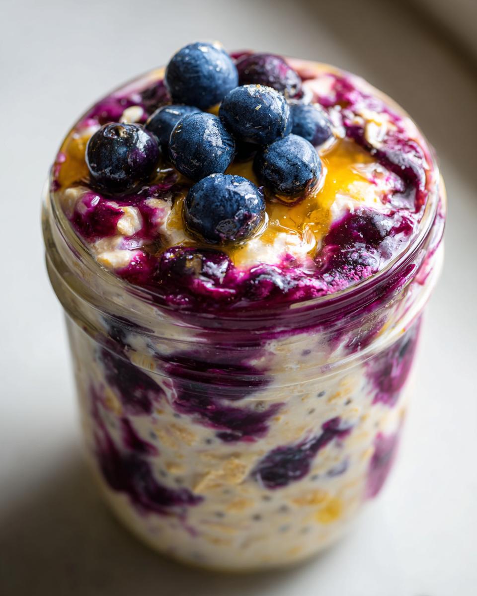 Close-up of blueberry lemon overnight oats in a glass jar, topped with fresh blueberries and honey.