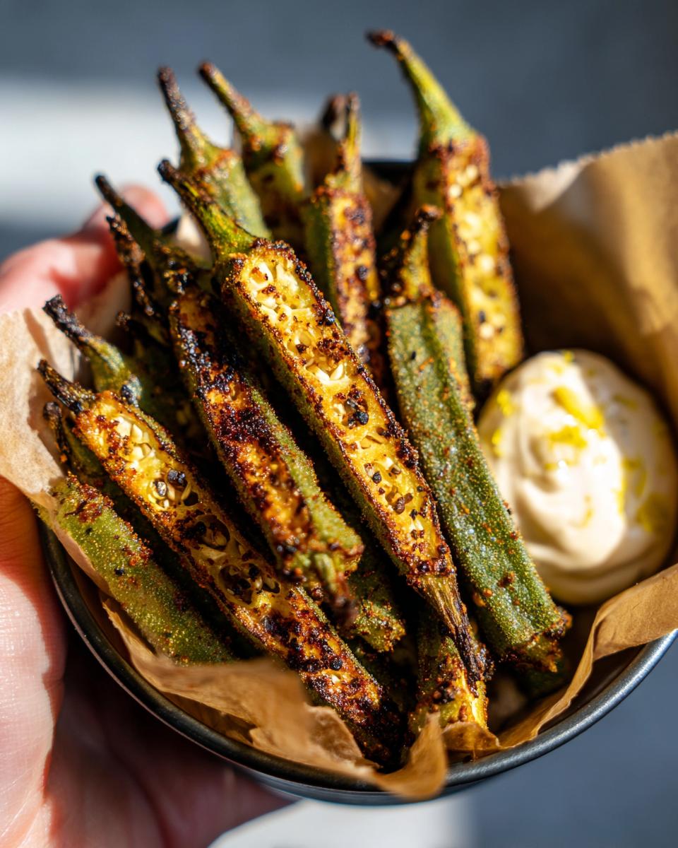 A close-up of a bowl filled with Cajun roasted okra fries, seasoned and slightly charred, served with a dollop of creamy dip.