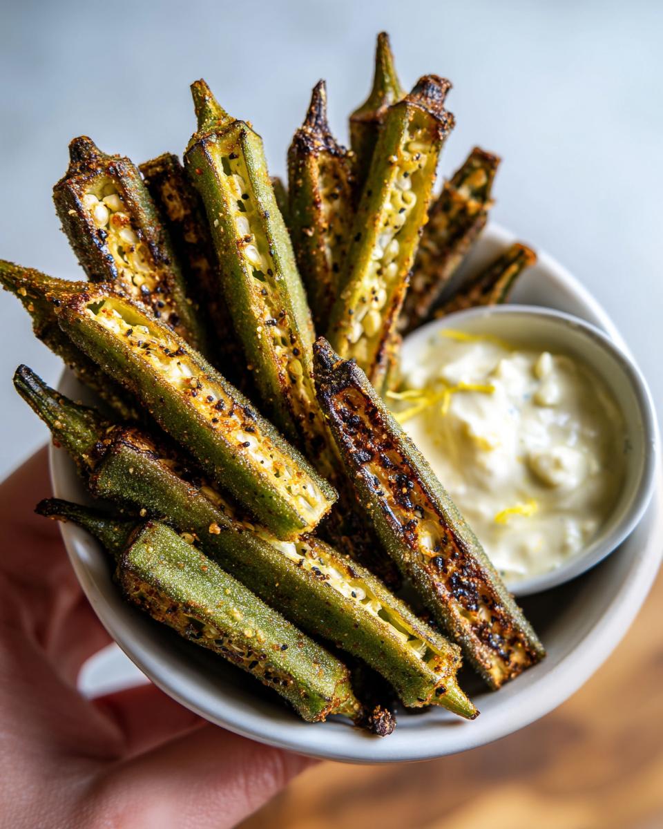 Close-up of a bowl filled with crispy Cajun roasted okra fries, served with a creamy dipping sauce.