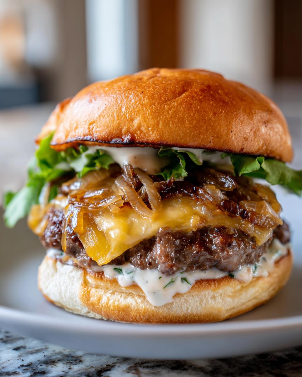 A close-up of a juicy caramelized onion smash burger with melted cheese and fresh lettuce on a brioche bun.