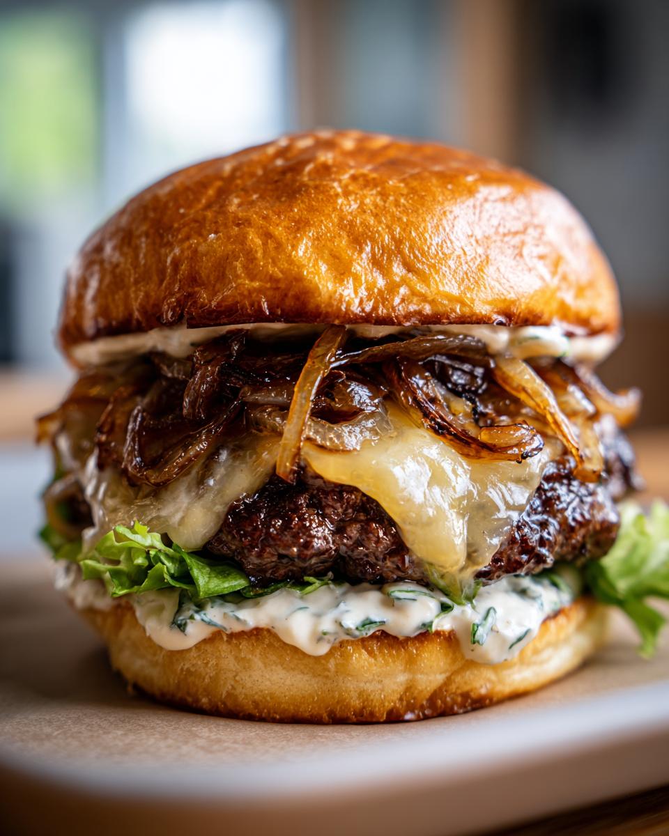 A juicy caramelized onion smash burger with melted cheese, lettuce, and sauce on a toasted bun.